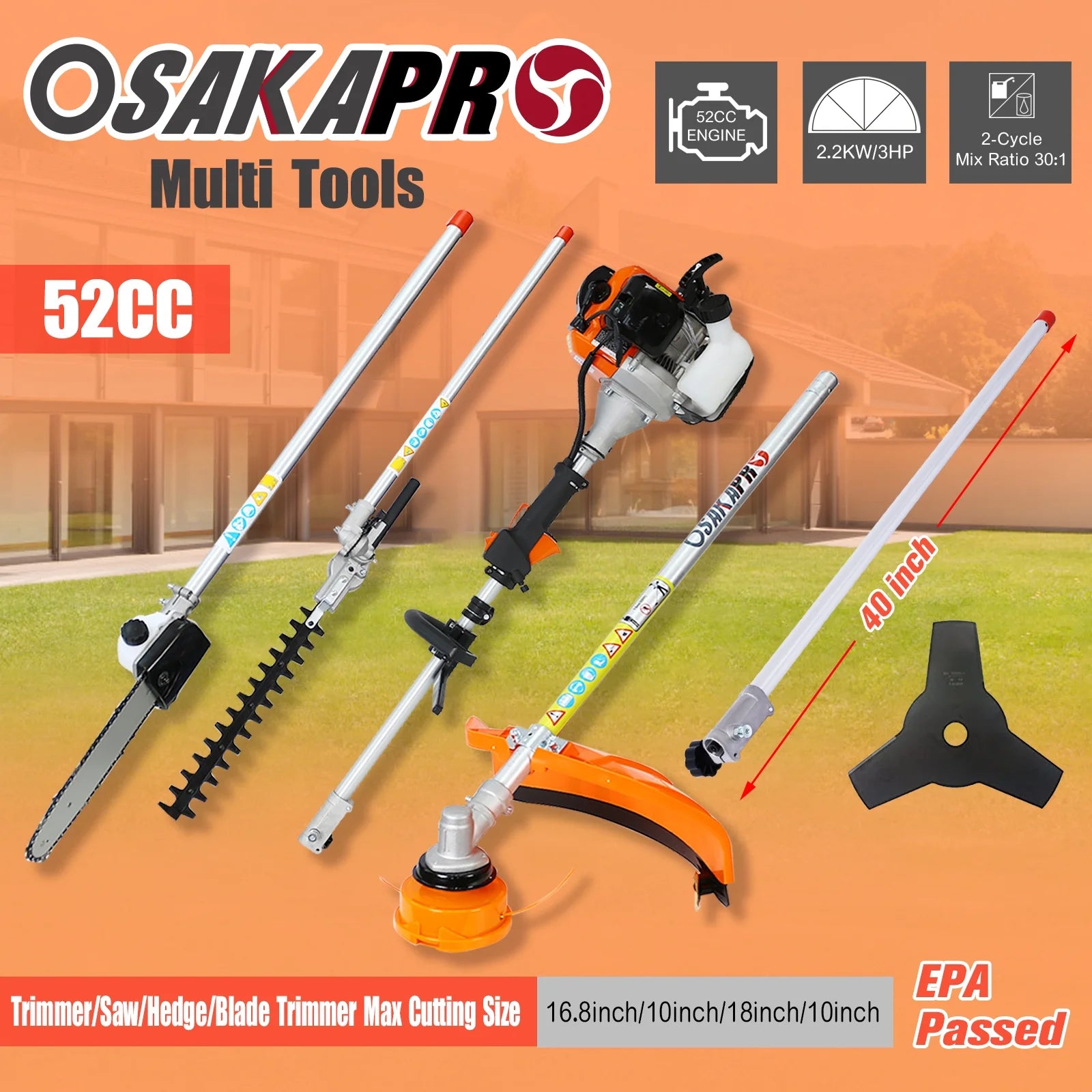 10 in 1 52CC 2-Cycle Garden Tool System with Pole Saw, Hedge Trimmer, Grass Trimmer, and Brush Cutter W199754