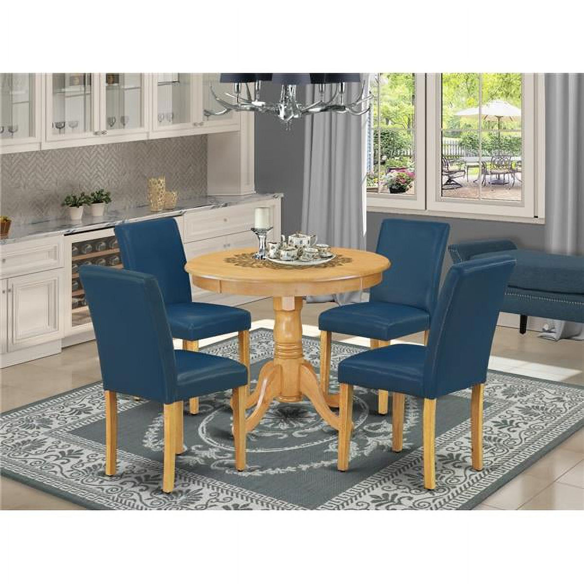 5 Piece Antique Round Table and 4 Parson Chair with Oak Leg and Pu Leather A357759