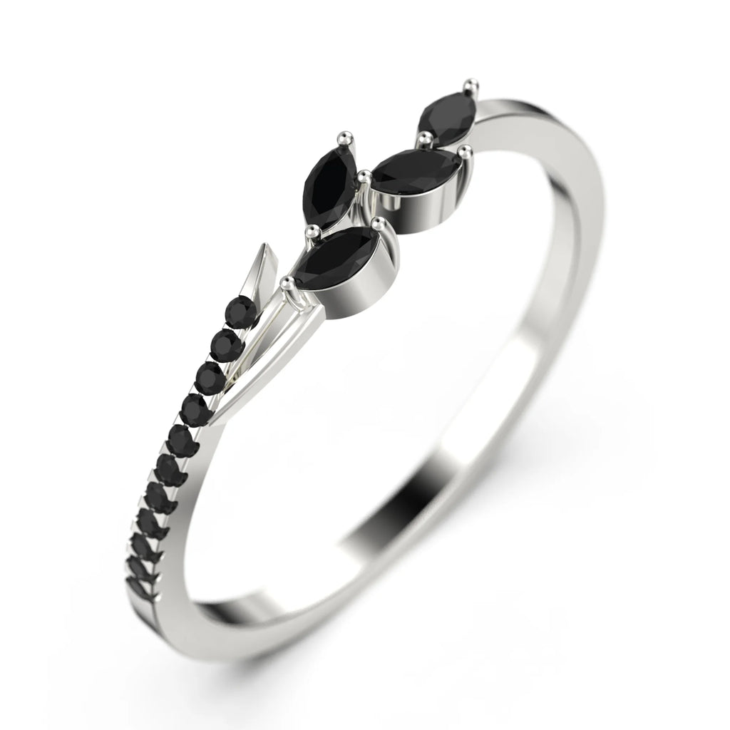 18K White Gold Over Silver Marquise Cut Black Diamond Moissanite Wedding Band B947