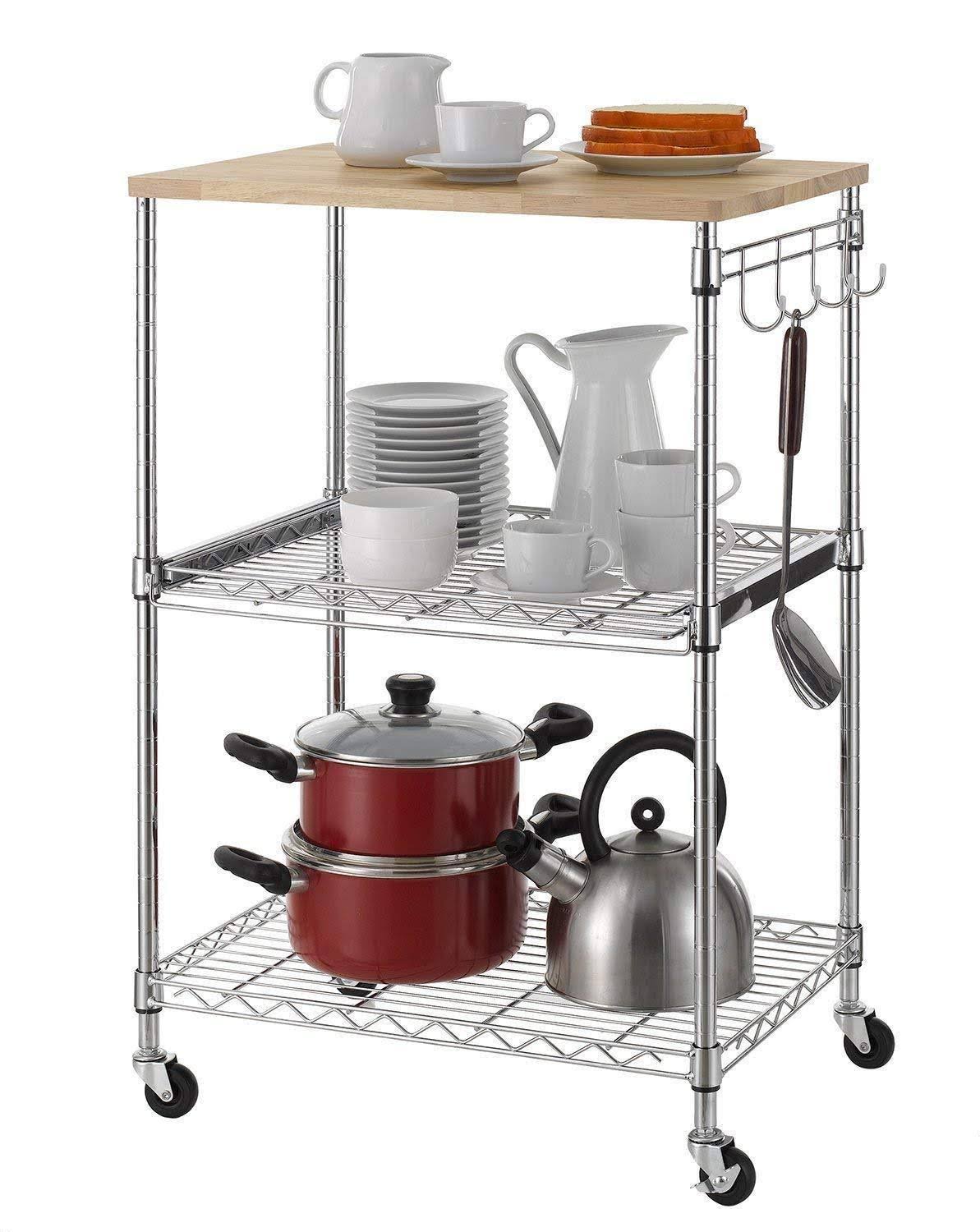 3-Tier Wire Rolling Kitchen Cart with Oak Cutting Board and Chrome Z995809