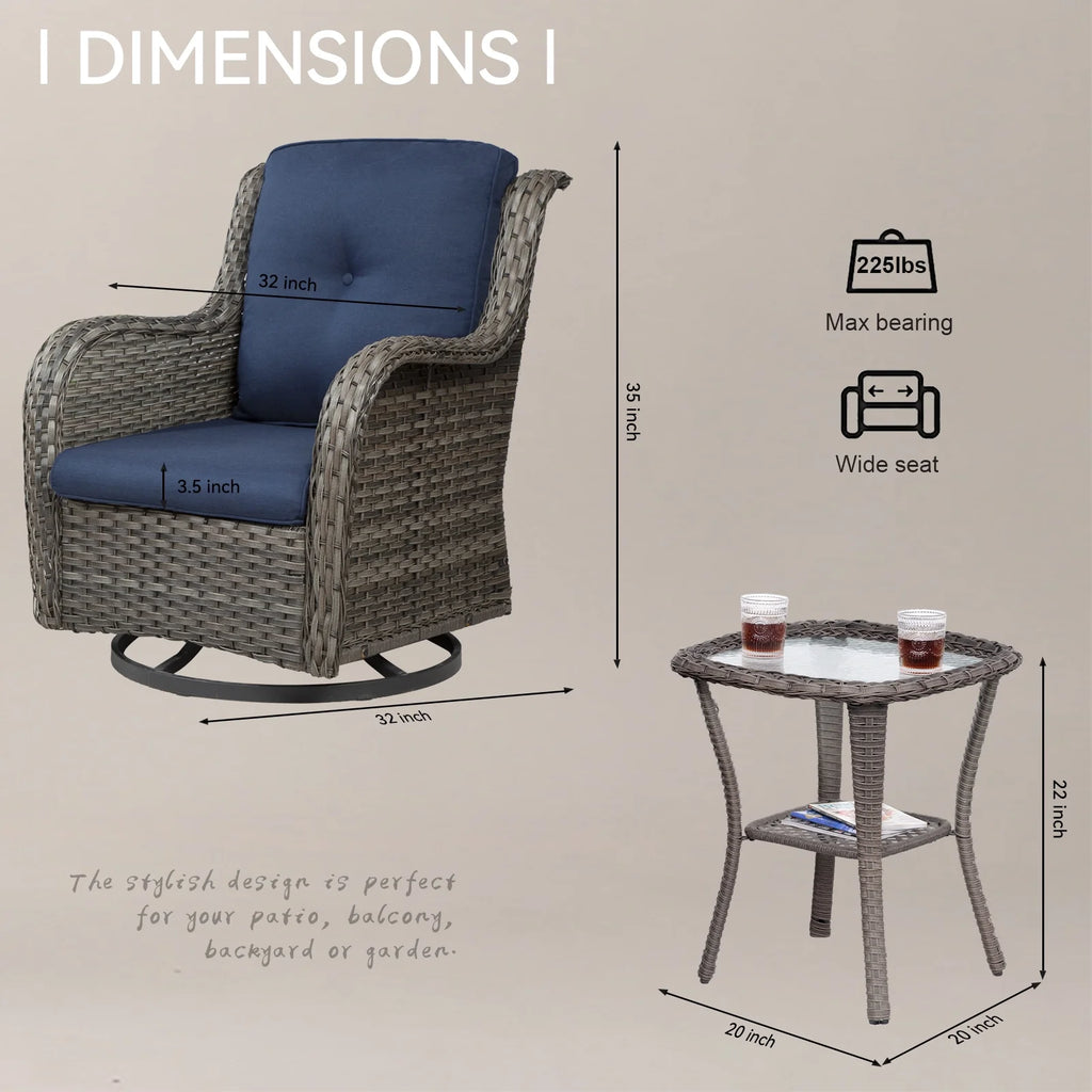 Blue Wicker Patio Swivel Rocker Chairs Set of 2 with Table K195