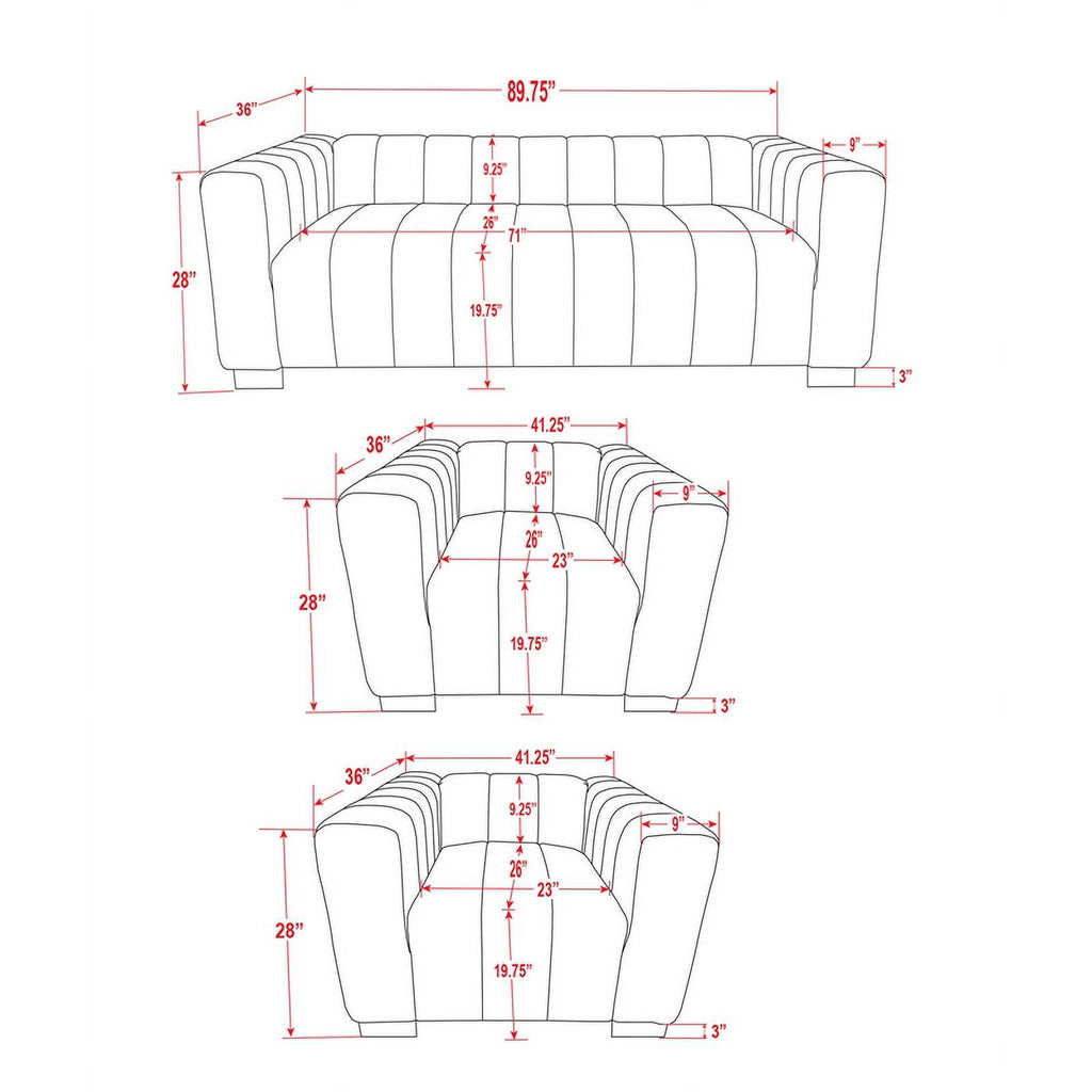 Gray Velvet Fabric Sofa and 2 Armchairs Set K420