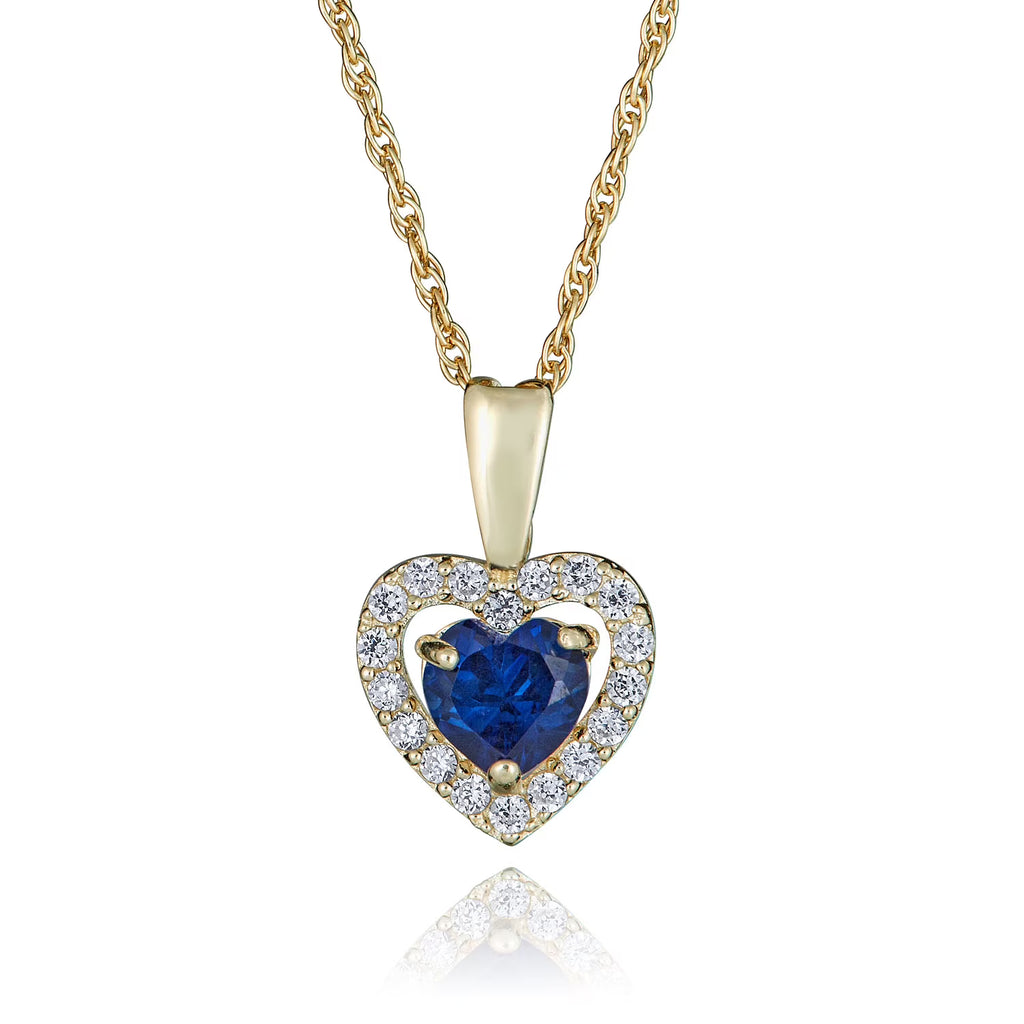 14K Yellow Gold Blue Sapphire CZ Heart Halo Pendant Necklace with 18" Chain T412203