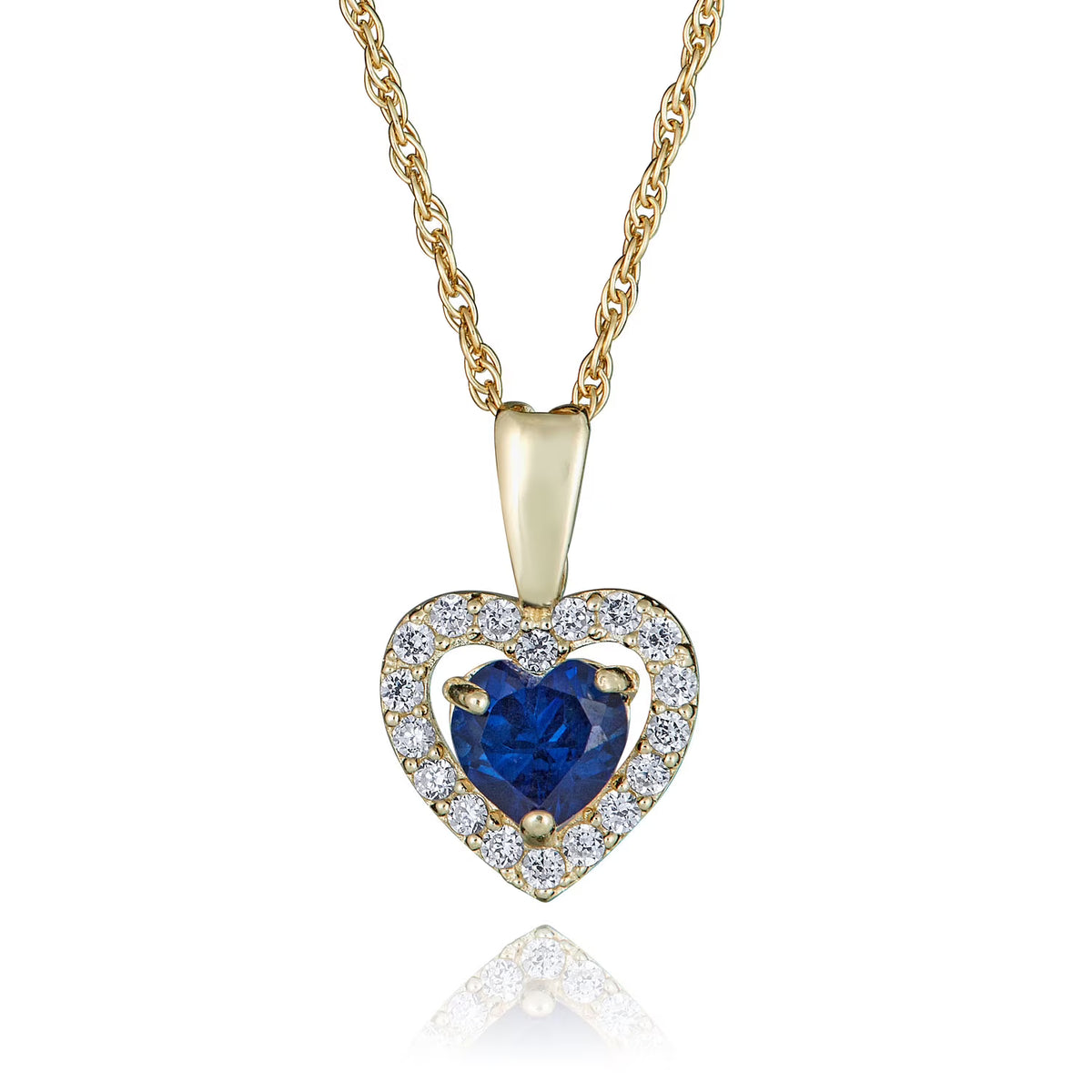 14K Yellow Gold Blue Sapphire CZ Heart Halo Pendant Necklace with 18" Chain T412203