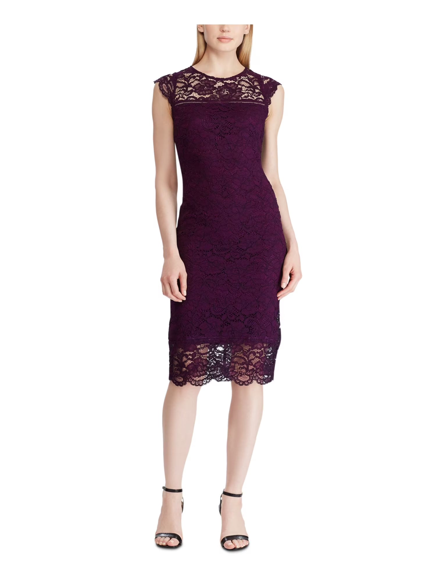 Purple Cap Sleeve Below The Knee Sheath Evening Dress R7451