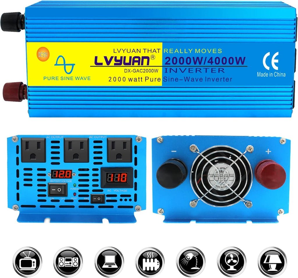 2000W Pure Sine Wave Power Inverter 12V DC to 110V AC with LED Display 3 AC Outlets V87735