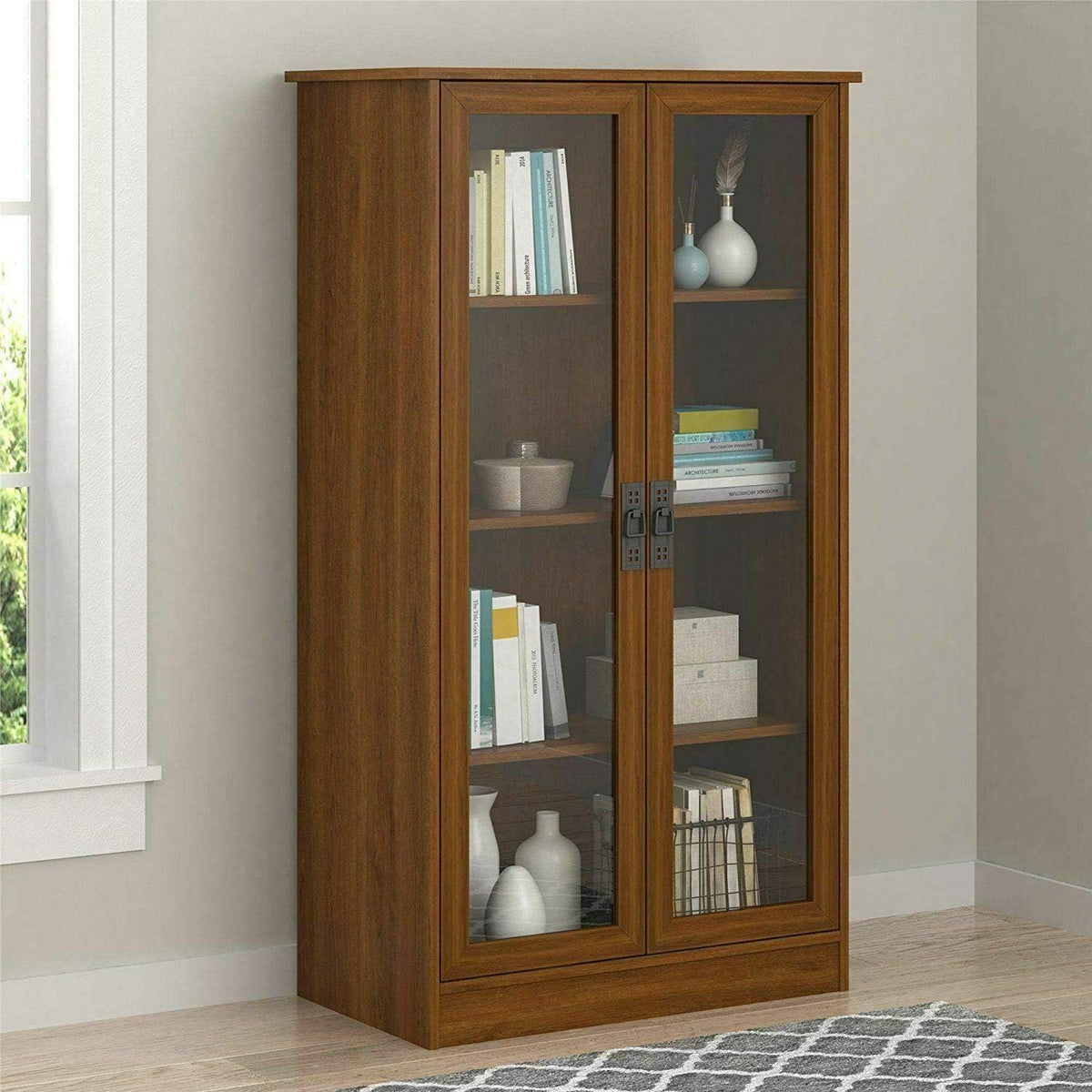 Cherry Finish Wooden Glass Door Bookcase with 2 Adjustable Shelves K130674
