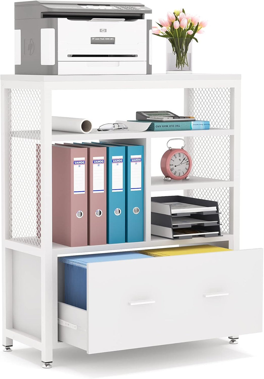 Black Wood Lateral File Cabinet with Drawer and Metal Wire Open Storage Shelves R31023