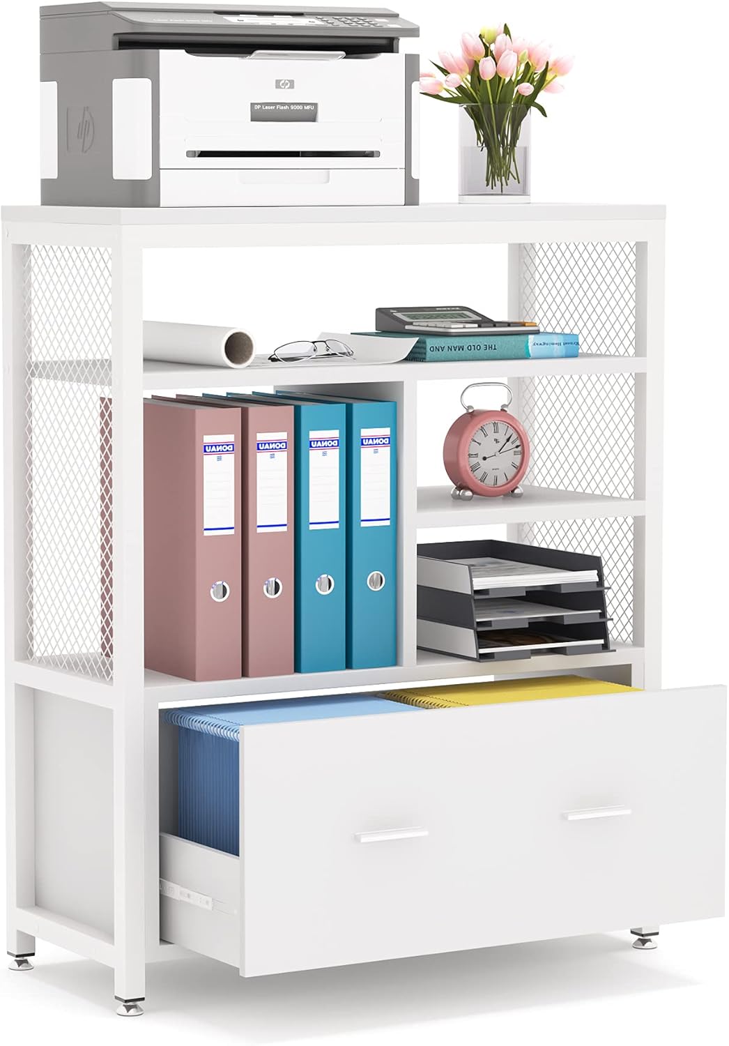 Black Wood Lateral File Cabinet with Drawer and Metal Wire Open Storage Shelves R31023