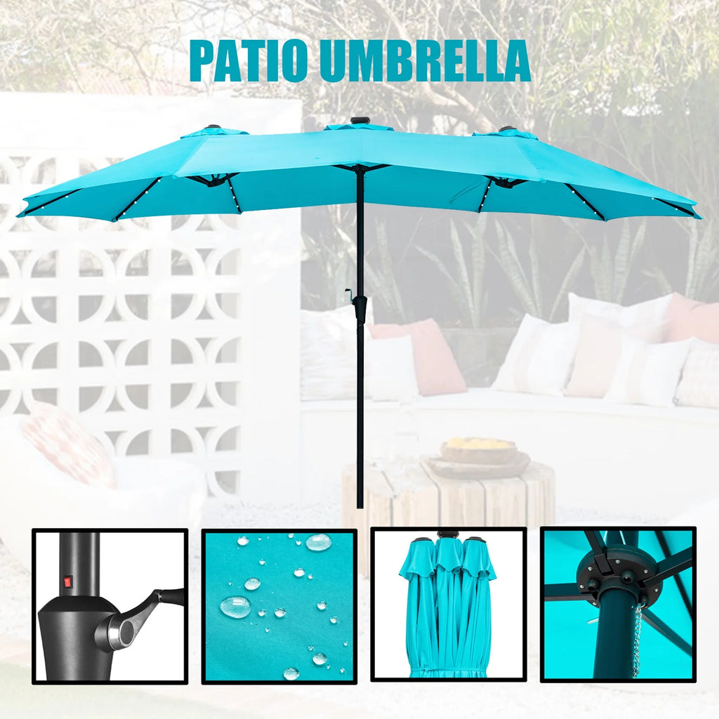 15ft Double-Sided Patio Solar Umbrella with Tilt and Crank, Blue T345763
