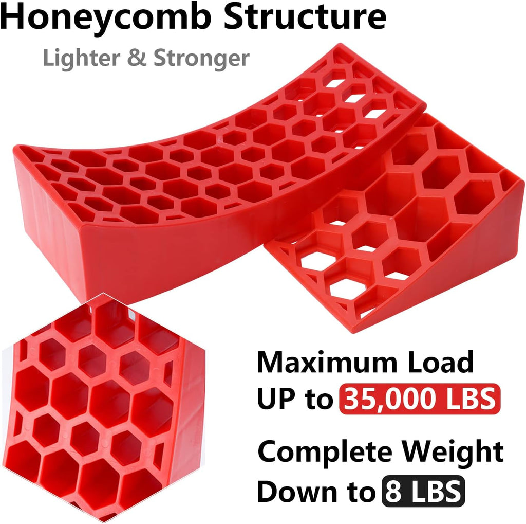 2 Packs Camper Leveler, RV Leveling Ramp Chock Kit, Two Curved Levelers, Two Chocks, Two Rubber Grip Mats, 35,000 lbs O301045