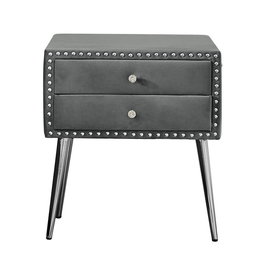 Gray Velvet Nightstand with 2 Drawers and Metal Legs Y391