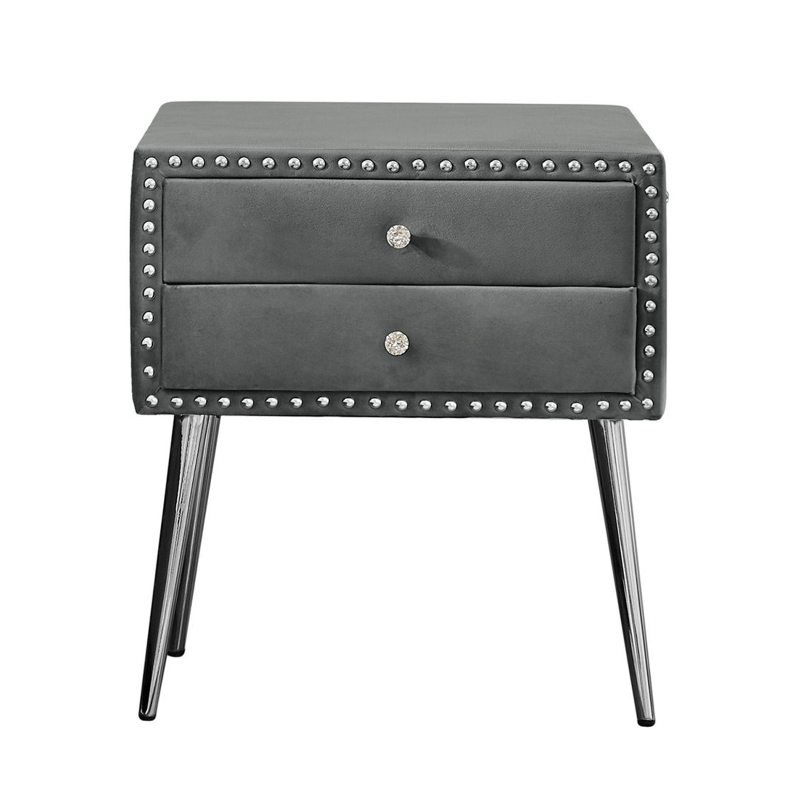 Gray Velvet Nightstand with 2 Drawers and Metal Legs Y391