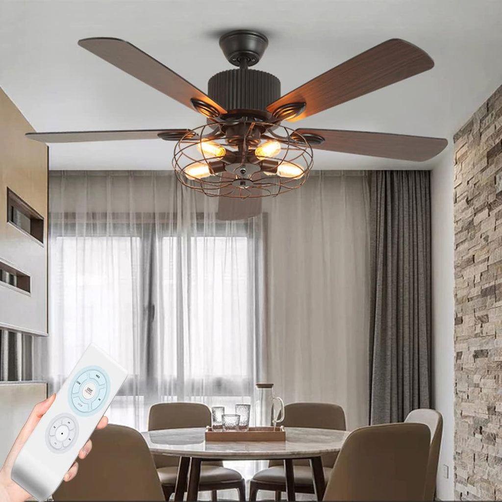 Black Industrial Ceiling Fan with Light and Remote, 5 Wood Blades, 5-Lights E26 R1419