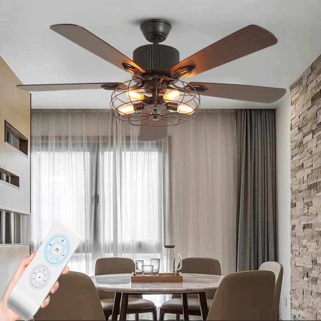 Black Industrial Ceiling Fan with Light and Remote, 5 Wood Blades, 5-Lights E26 R1419