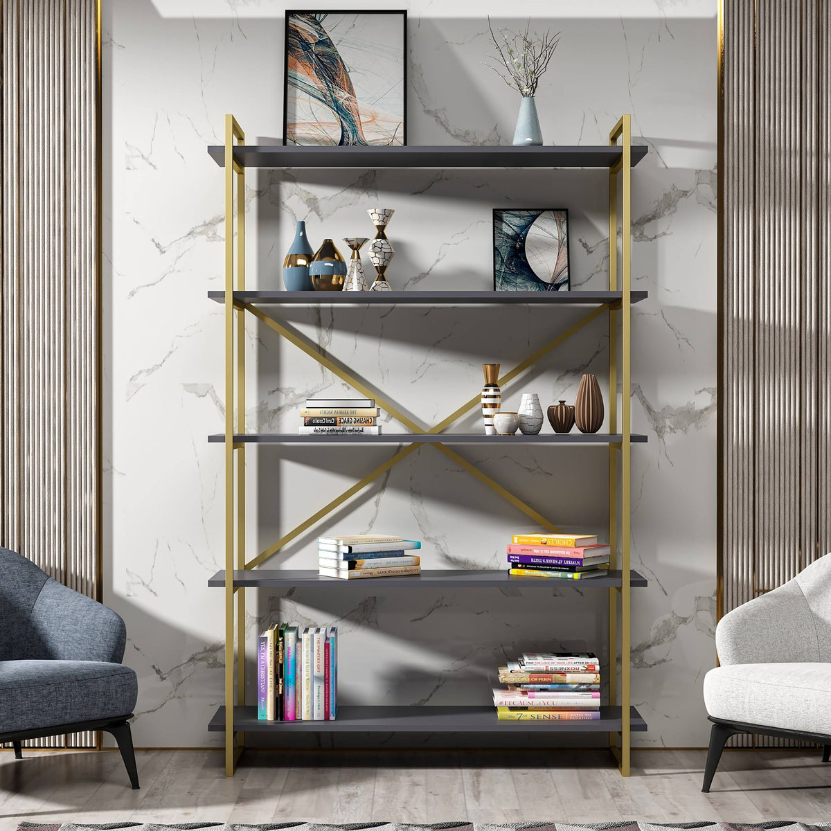 Modern Bookcase Anthracite Gold N9154