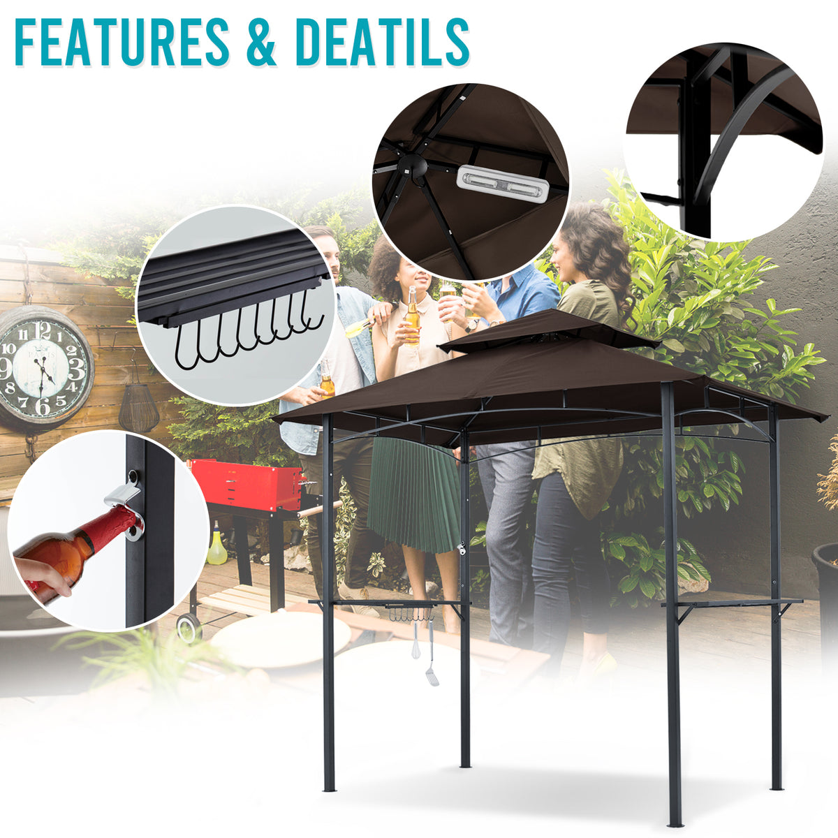 Brown Outdoor BBQ Grill Gazebo with LED Light R37239