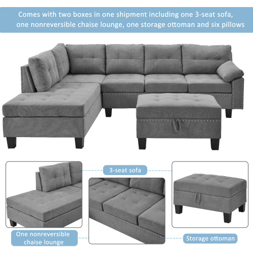 Grey Sectional Sofa Set with Chaise Lounge and Storage Ottoman Q3259