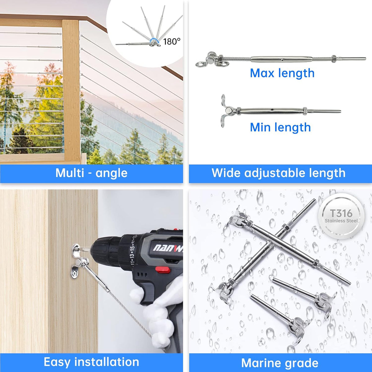 16Set Cable Railing Kit 1/8 T316 Stainless Steel Angle 180° Adjustable P110469
