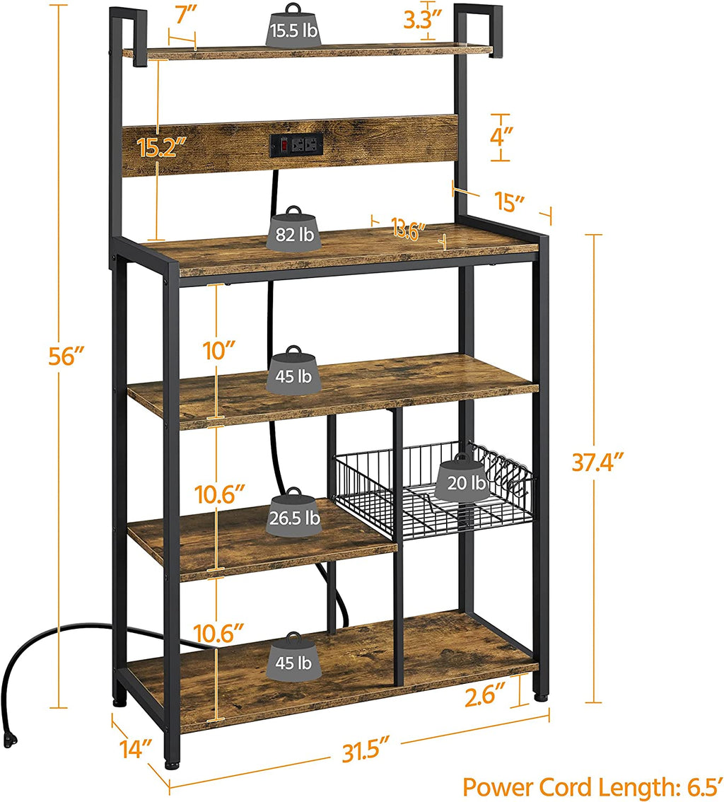 Rustic Brown 5-Tier Bakers Rack with Power Outlet R458