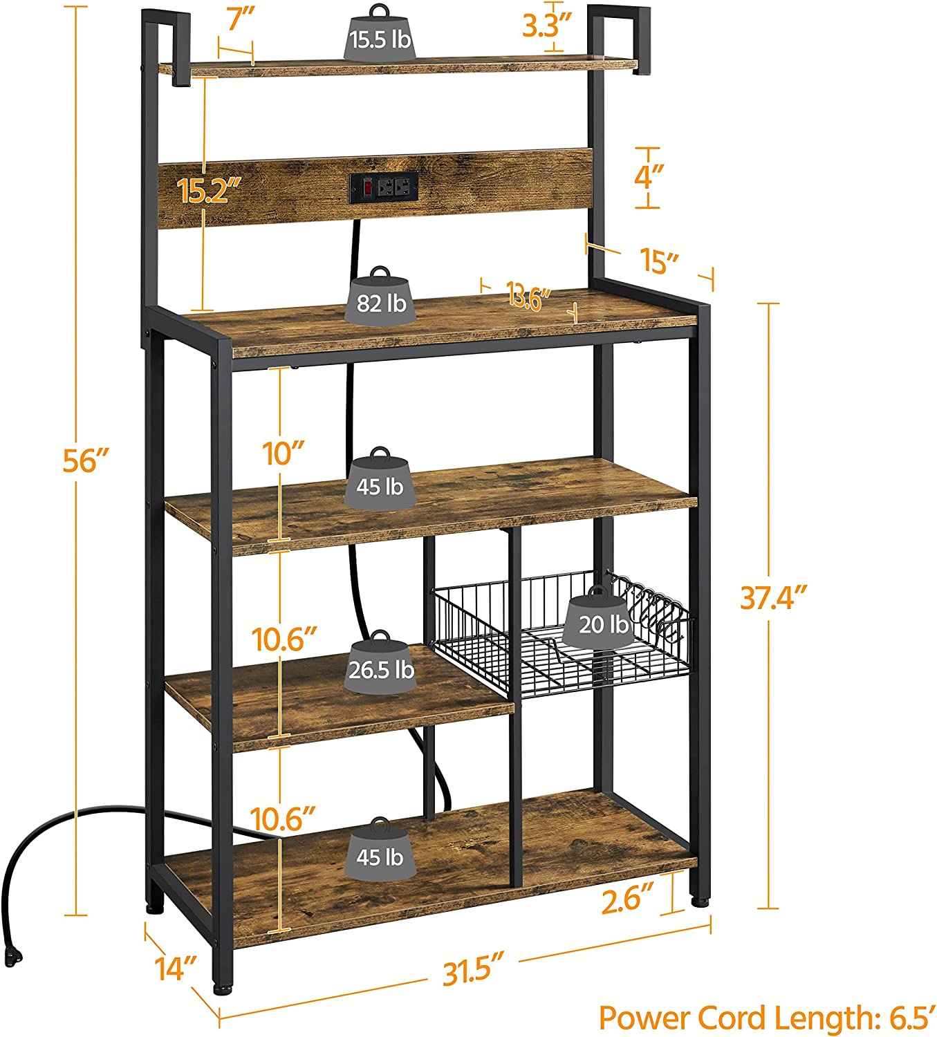 Rustic Brown 5-Tier Bakers Rack with Power Outlet R458