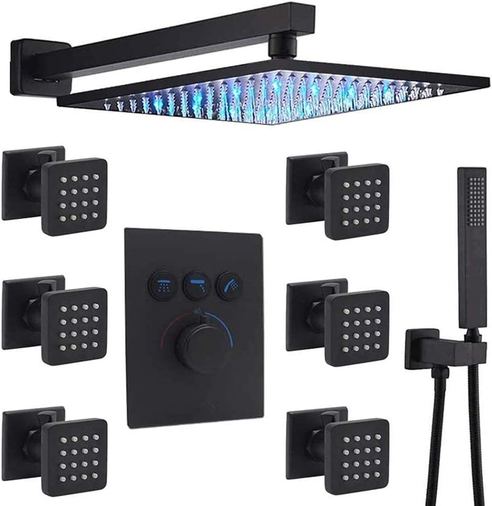 Matte Black 12 Inch Wall Mount LED Rainfall Shower System with 6pcs Body Jets and Shower Handheld D75372