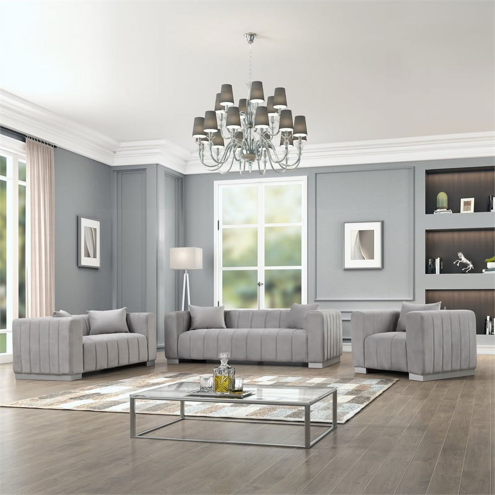 Light Gray Velvet 3 PC Sofa Loveseat Chair Set K410