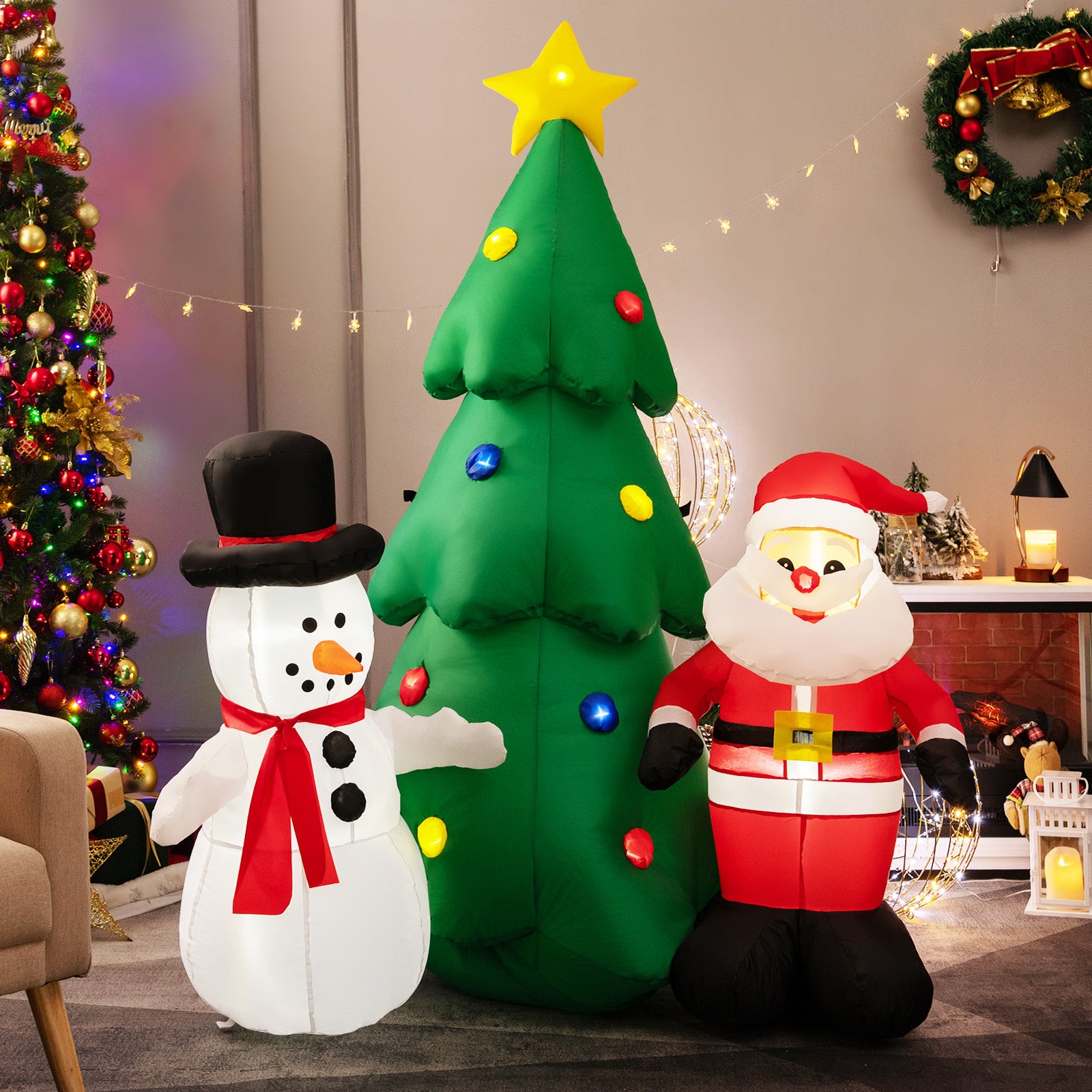 6FT Inflatable Christmas Tree & Santa Claus w/ LEDs & Air Blower Yard Decoration J2250