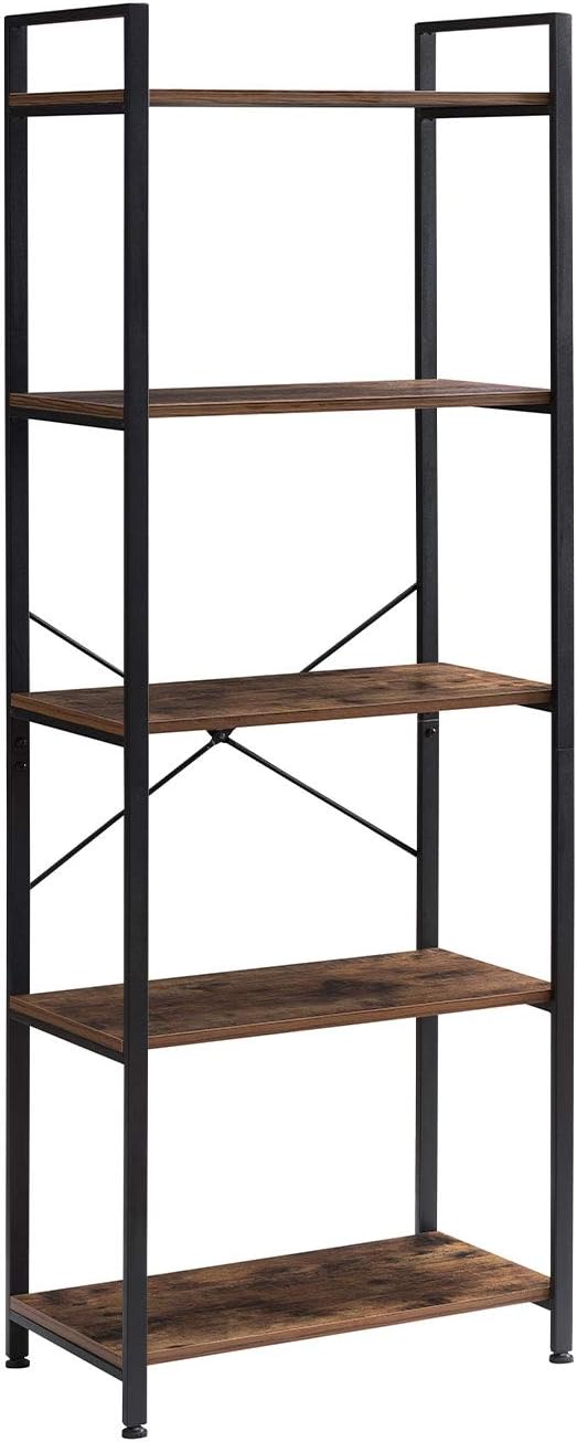 5-Tier Industrial Retro Brown Wood and Metal Bookcase U725