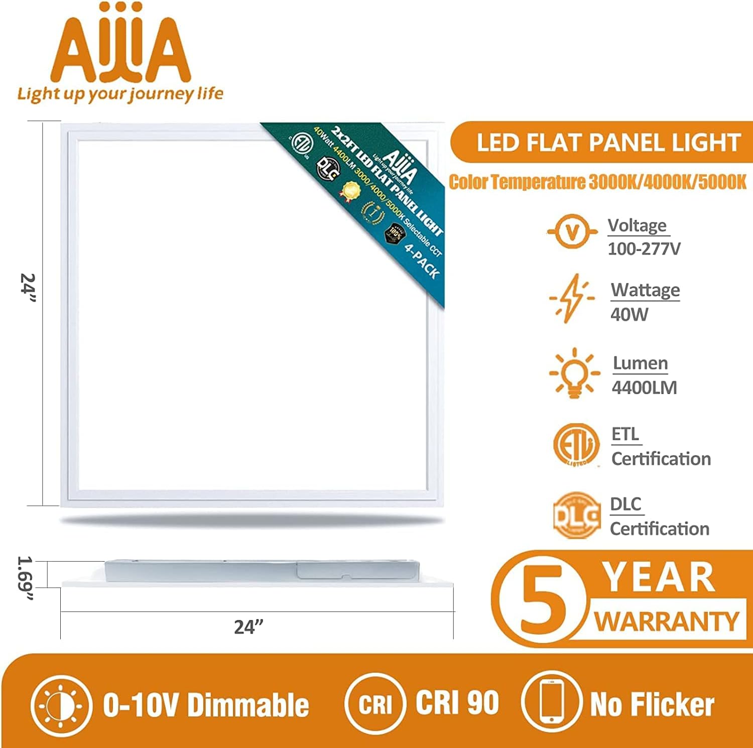 2x2FT LED Flat Panel Light, Selectable CCT, Dimmable, 40W 4000LM, 4Pack H825394
