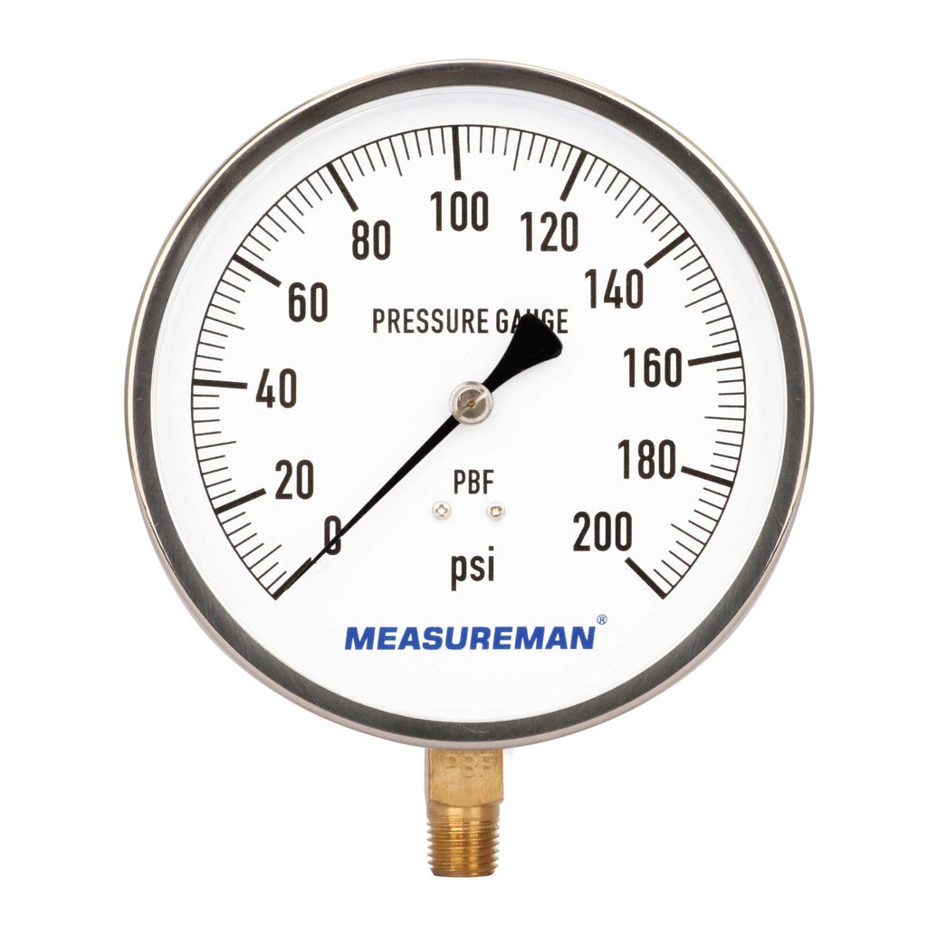304 Stainless Steel Case Pressure Gauge, 0-200Psi, 4-1/2 Dial Size, 1/4 NPT Lower Mount U437035