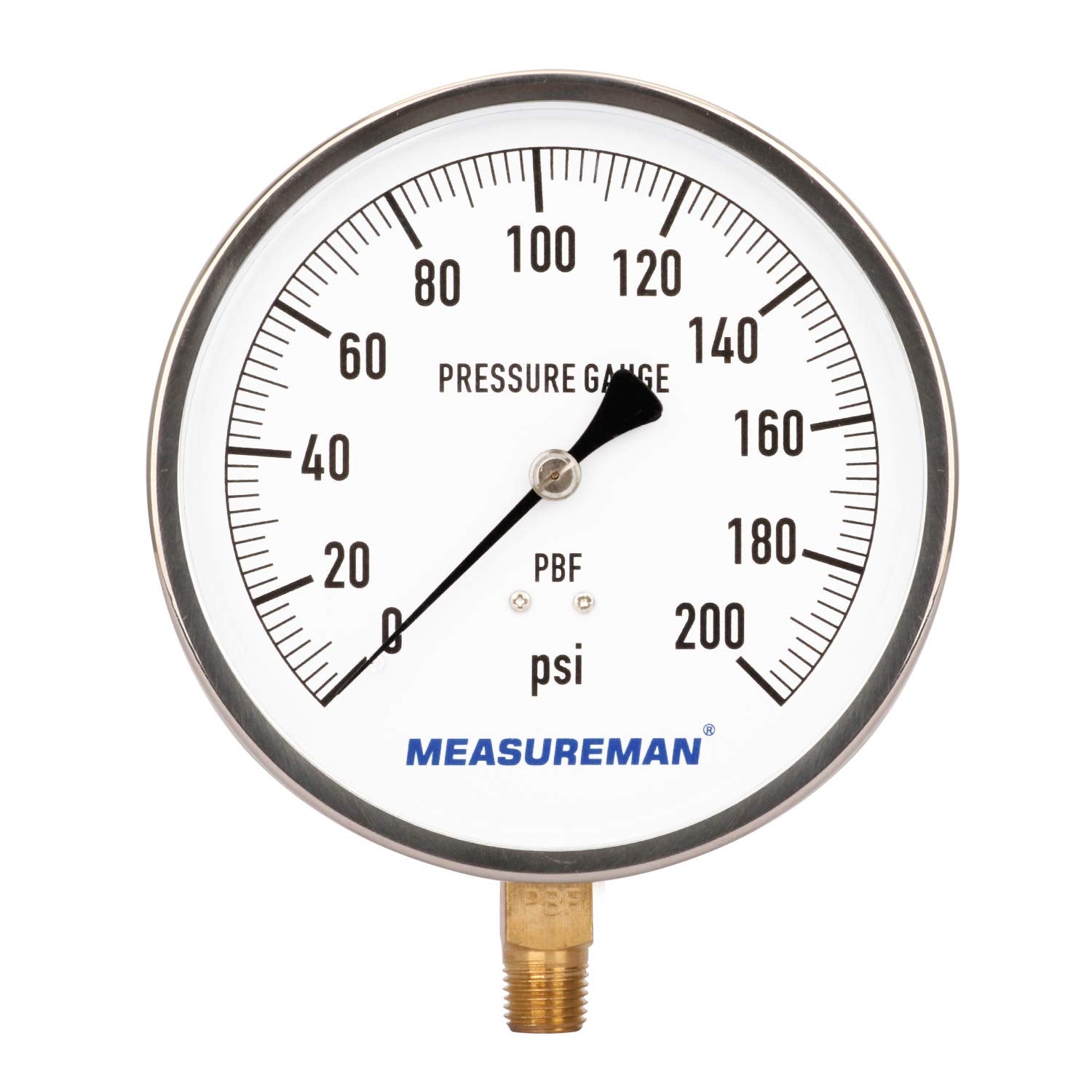 304 Stainless Steel Case Pressure Gauge, 0-200Psi, 4-1/2 Dial Size, 1/4 NPT Lower Mount U437035