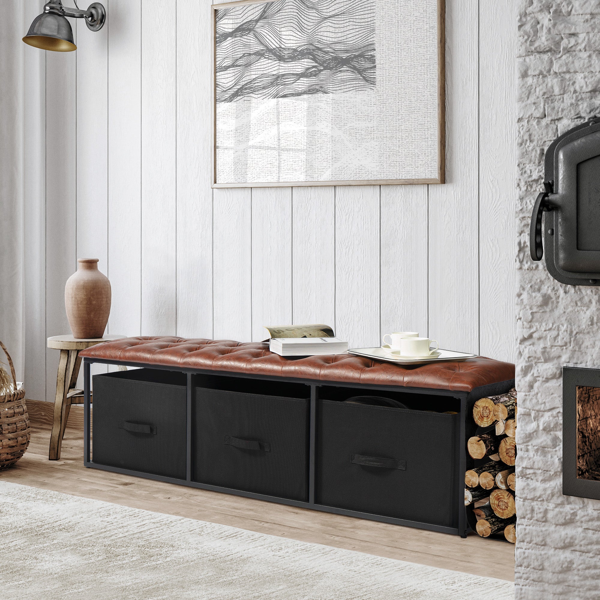 Brown Button Tufted Faux Leather Storage Bench A758694
