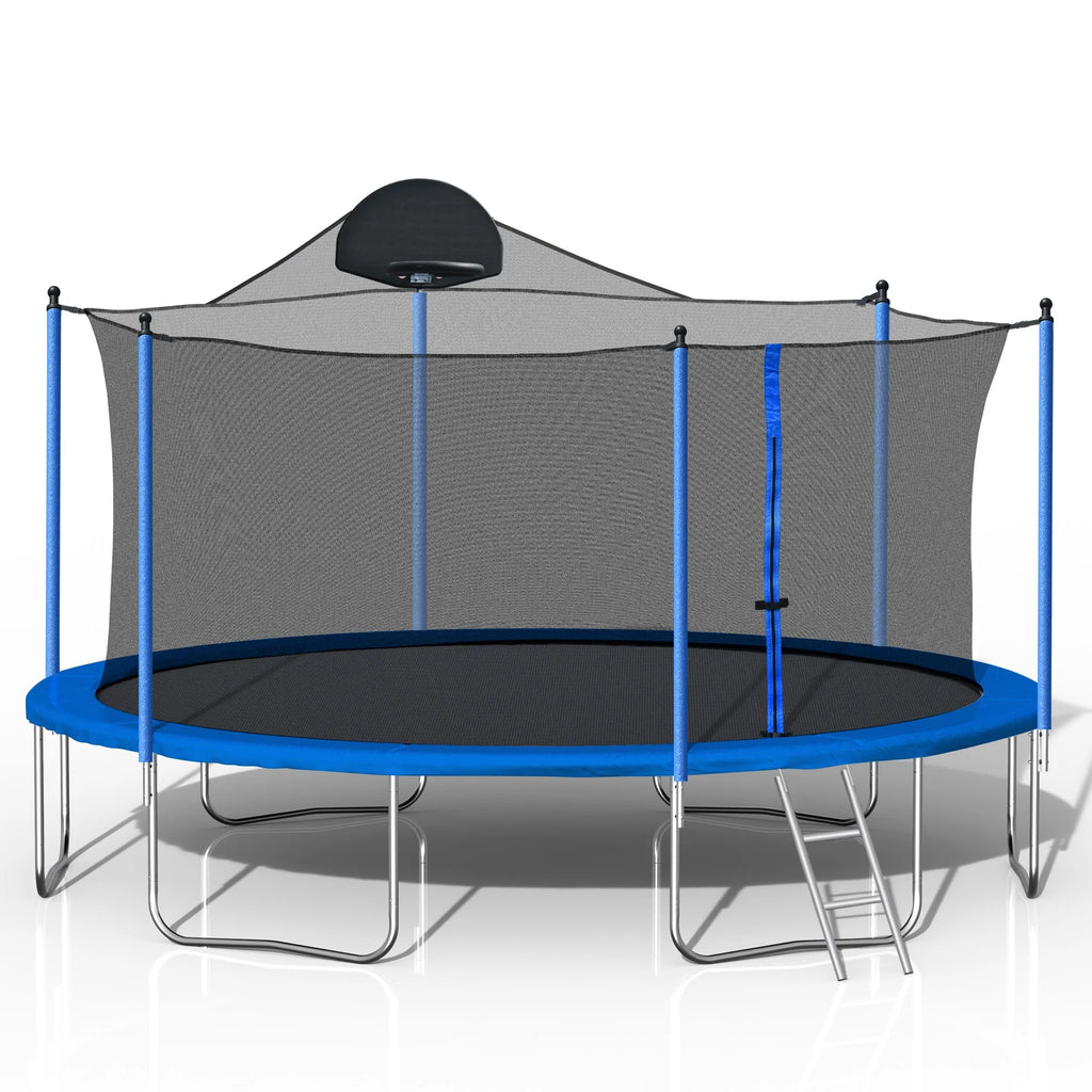 14FT Outdoor Trampoline with Basketball Hoop, Ladder and Safety Enclosure Net P3864