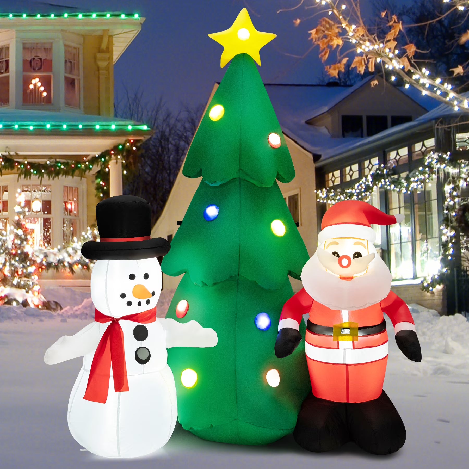 6FT Inflatable Christmas Tree & Santa Claus w/ LEDs & Air Blower Yard Decoration J2250