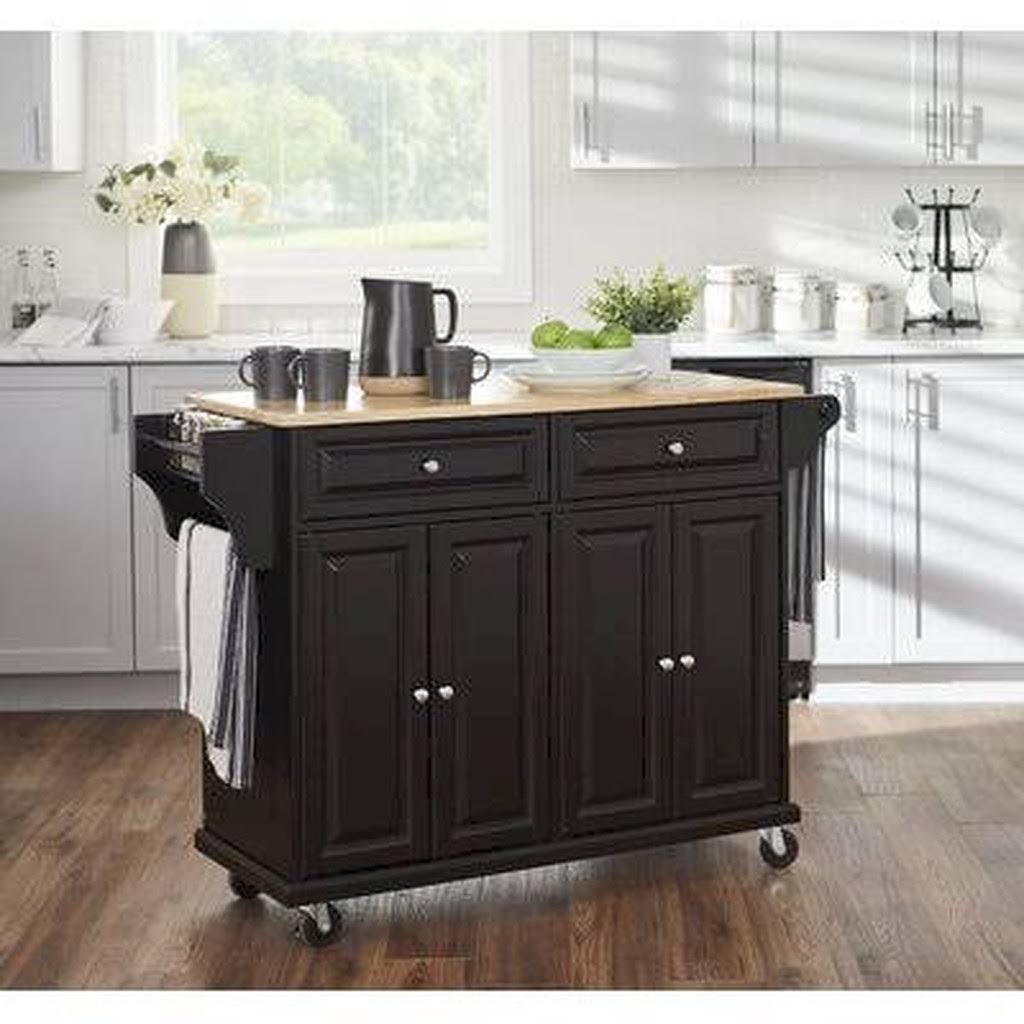 Black Kitchen Cart with Solid Wood Top H448