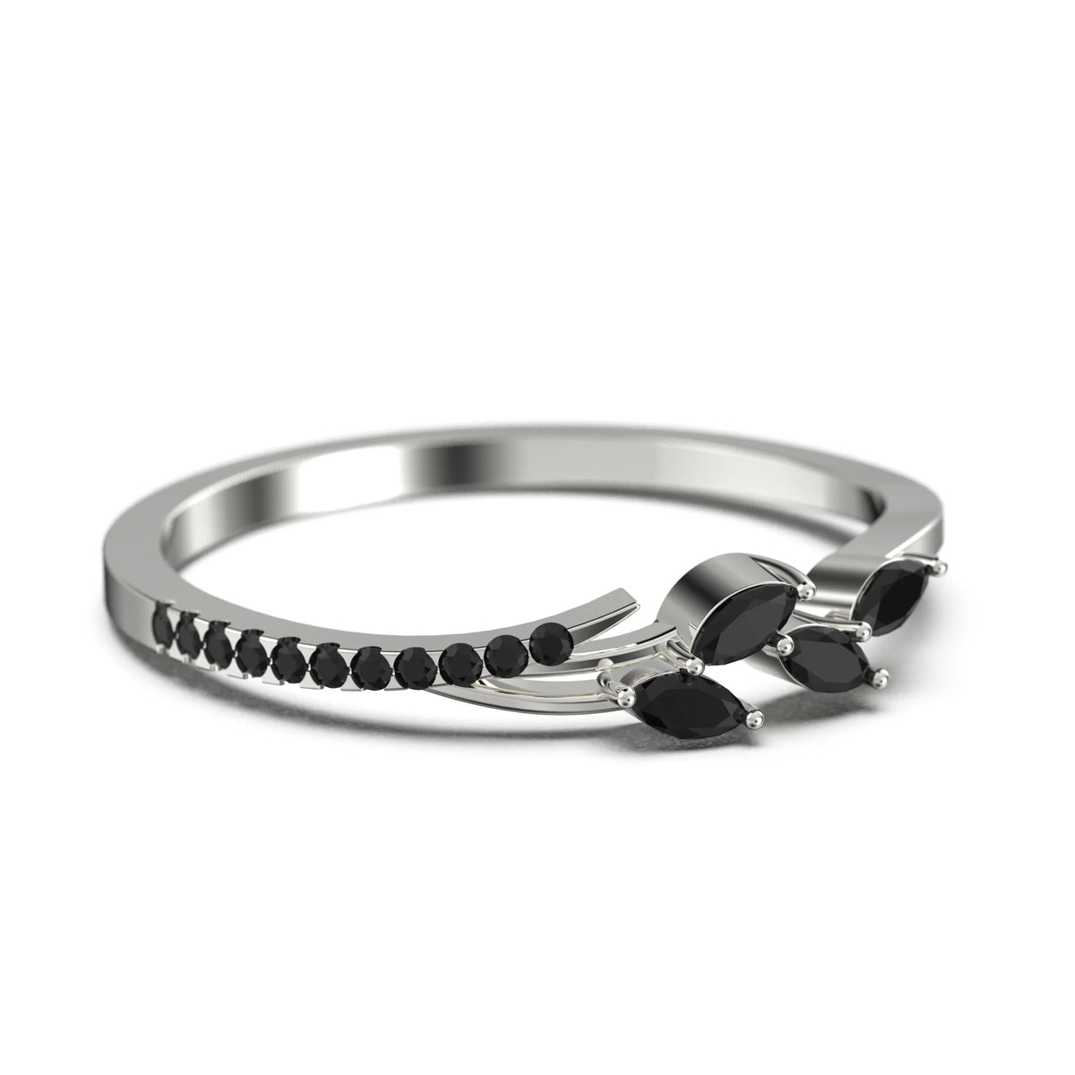 18K White Gold Over Silver Marquise Cut Black Diamond Moissanite Wedding Band B947