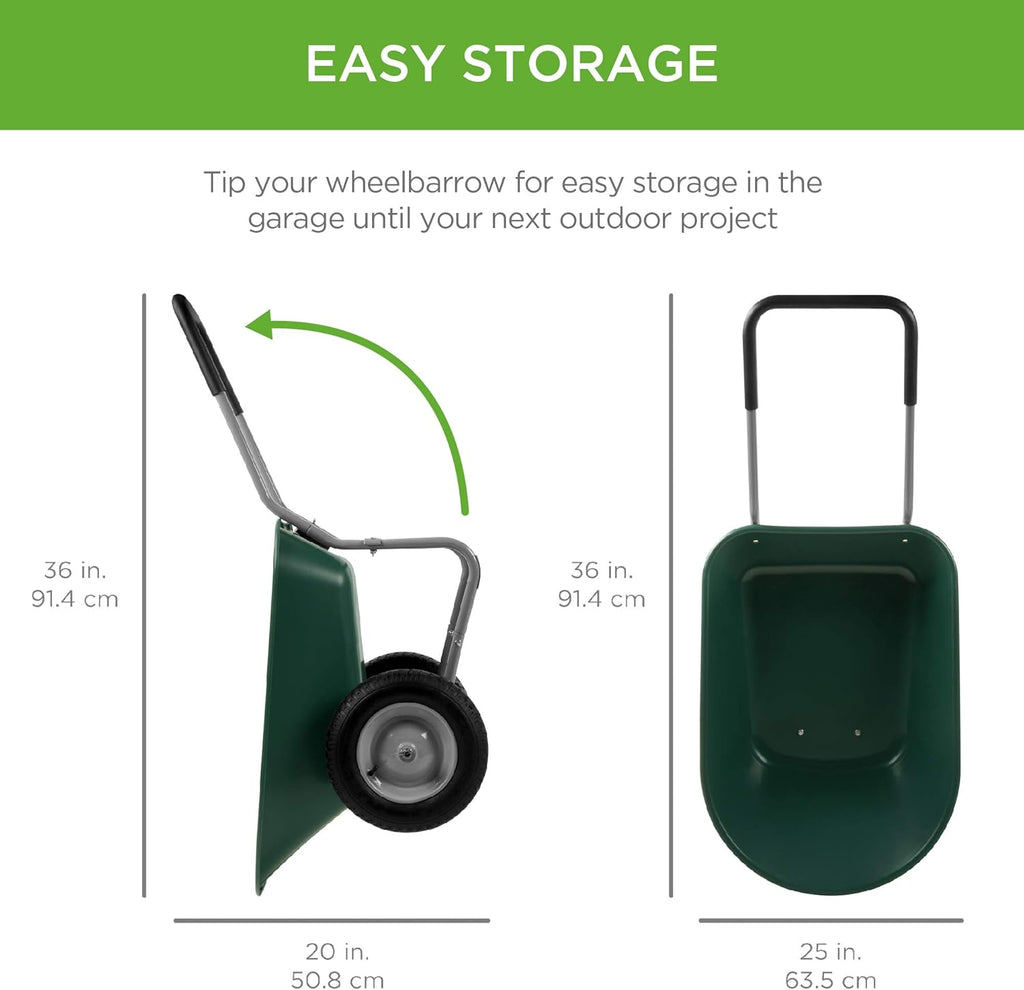 Green Dual-Wheel Utility Wheelbarrow Garden Cart with Built-in Stand B916