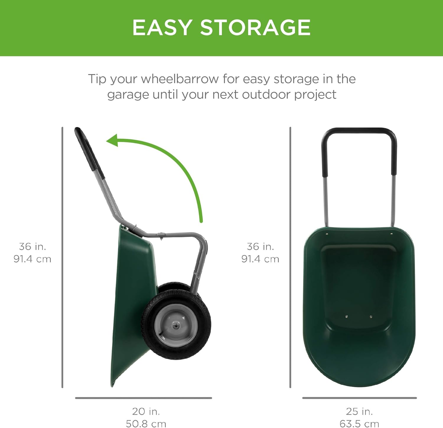 Green Dual-Wheel Utility Wheelbarrow Garden Cart with Built-in Stand B916