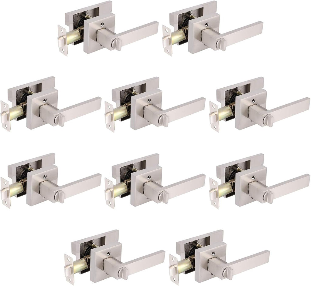 Satin Nickel Square Privacy Door Handles Leverset Lockset 10Pack N35760