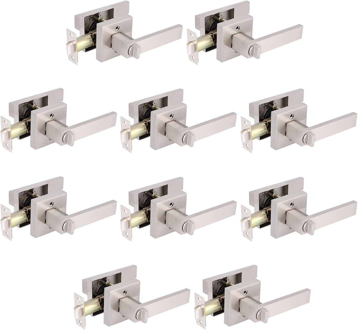 Satin Nickel Square Privacy Door Handles Leverset Lockset 10Pack N35760
