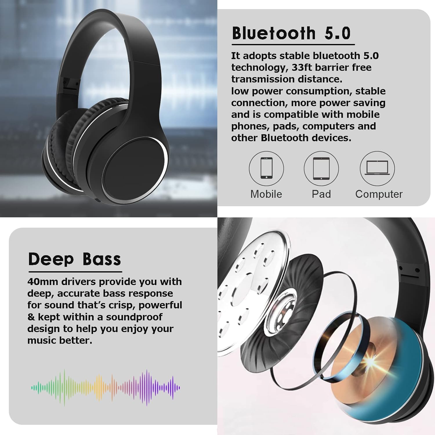 Black Bluetooth Over Ear Headphones with Mic B904