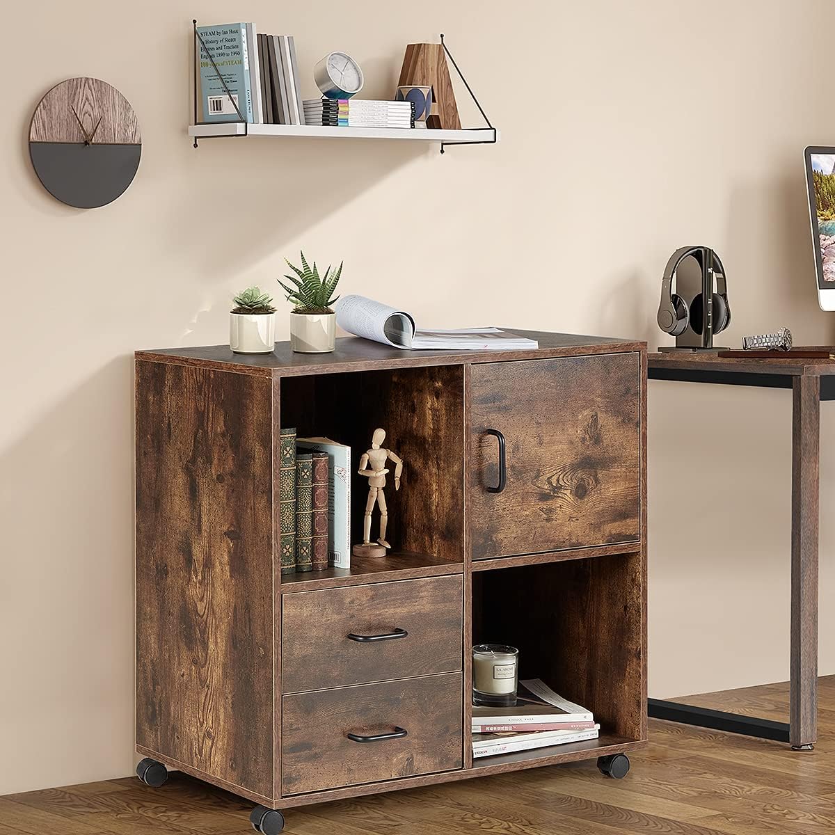 2 Drawers Mobile Wooden Lateral Filing Cabinet with Lockable Casters Y802