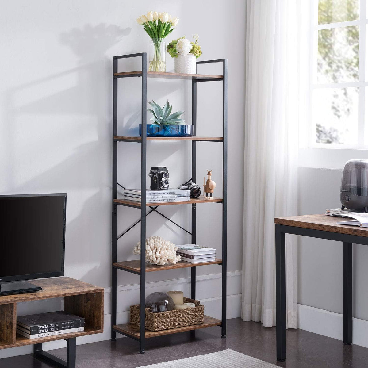 5-Tier Industrial Retro Brown Wood and Metal Bookcase U725