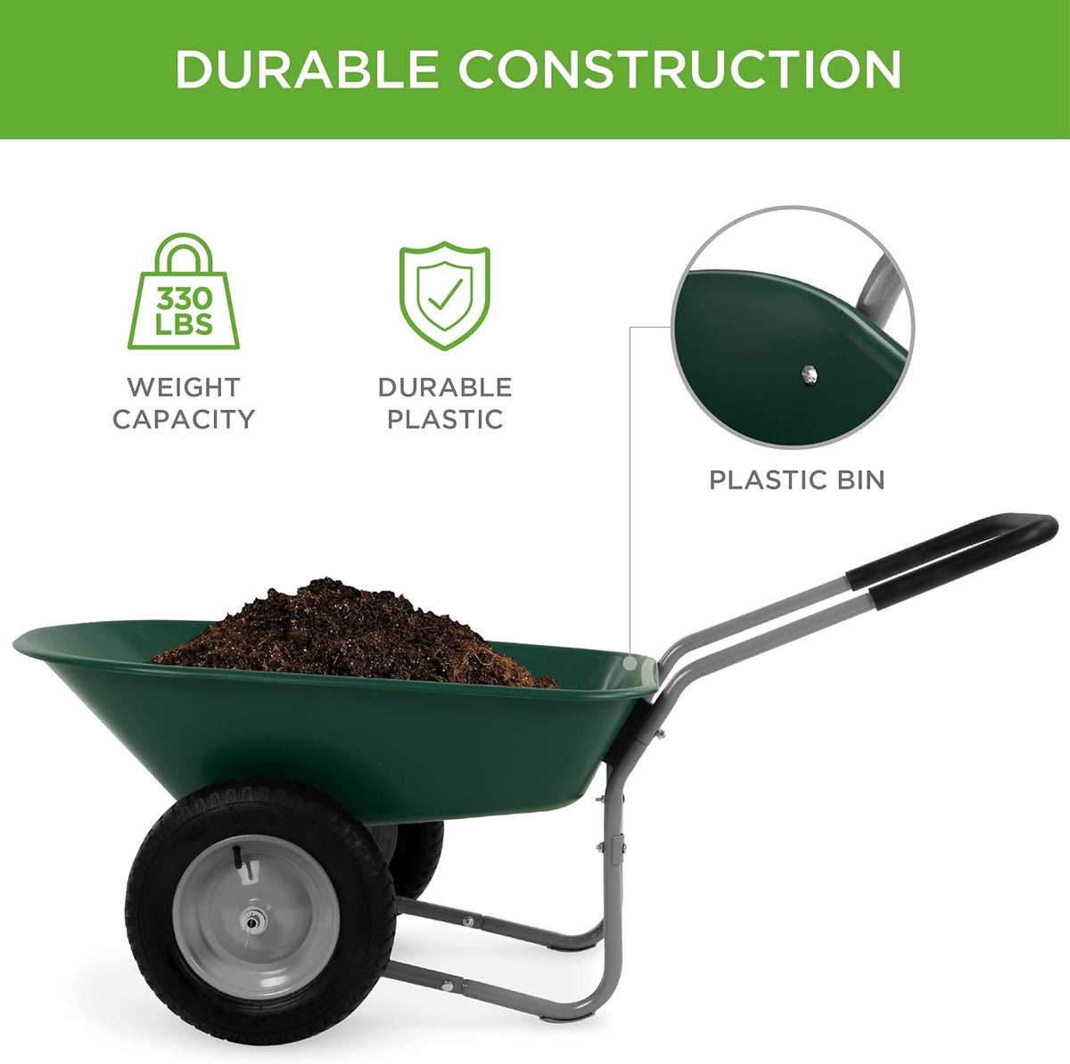 Green Dual-Wheel Utility Wheelbarrow Garden Cart with Built-in Stand B916