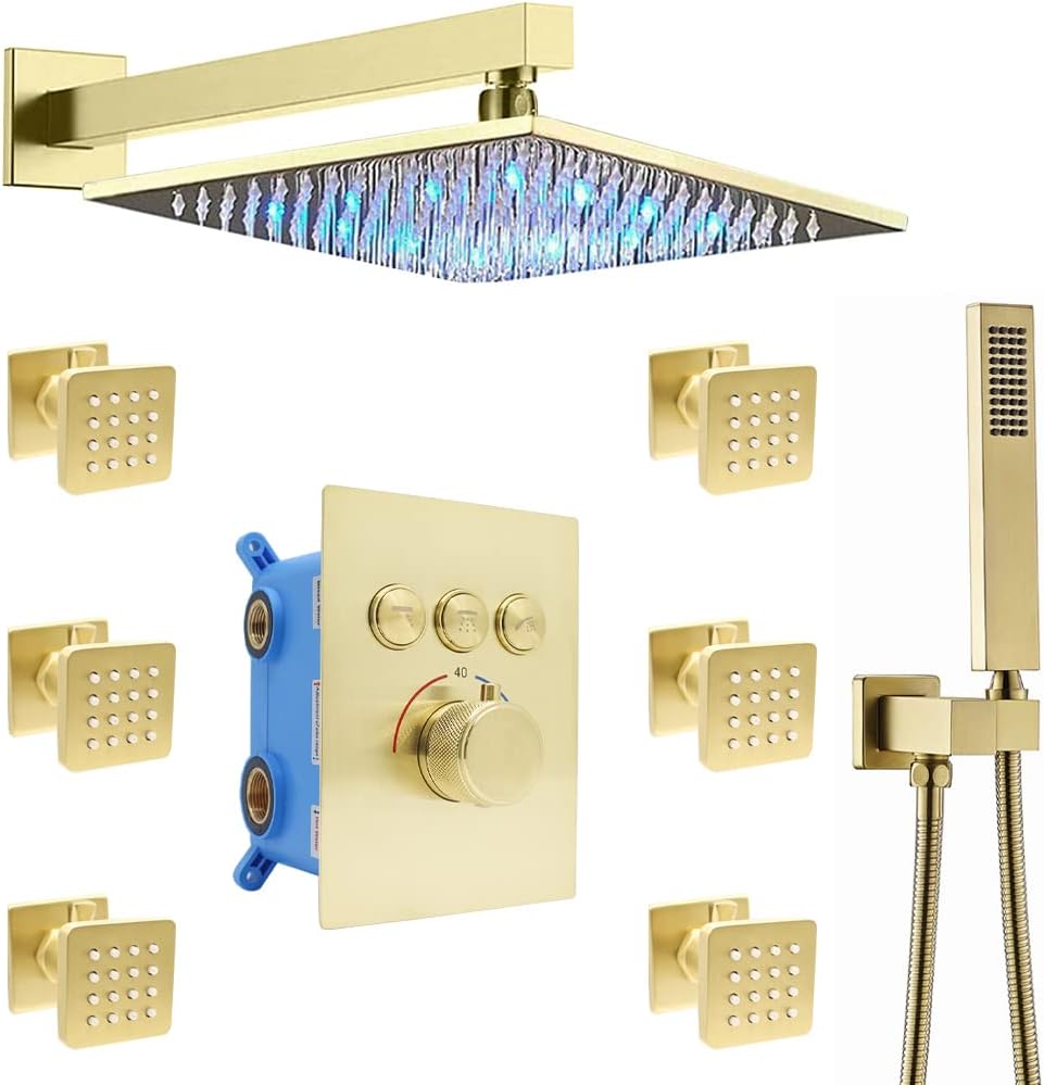 Matte Black 12 Inch Wall Mount LED Rainfall Shower System with 6pcs Body Jets and Shower Handheld D75372