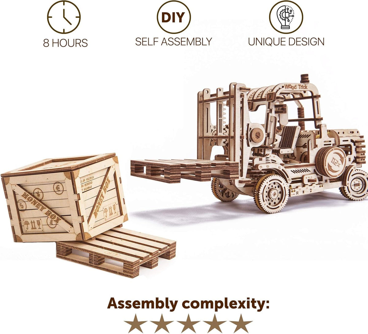 3D Wooden Puzzle Forklift Truck Model Kit with Pallet and Money Box O70754