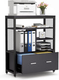 Black Wood Lateral File Cabinet with Drawer and Metal Wire Open Storage Shelves R31023