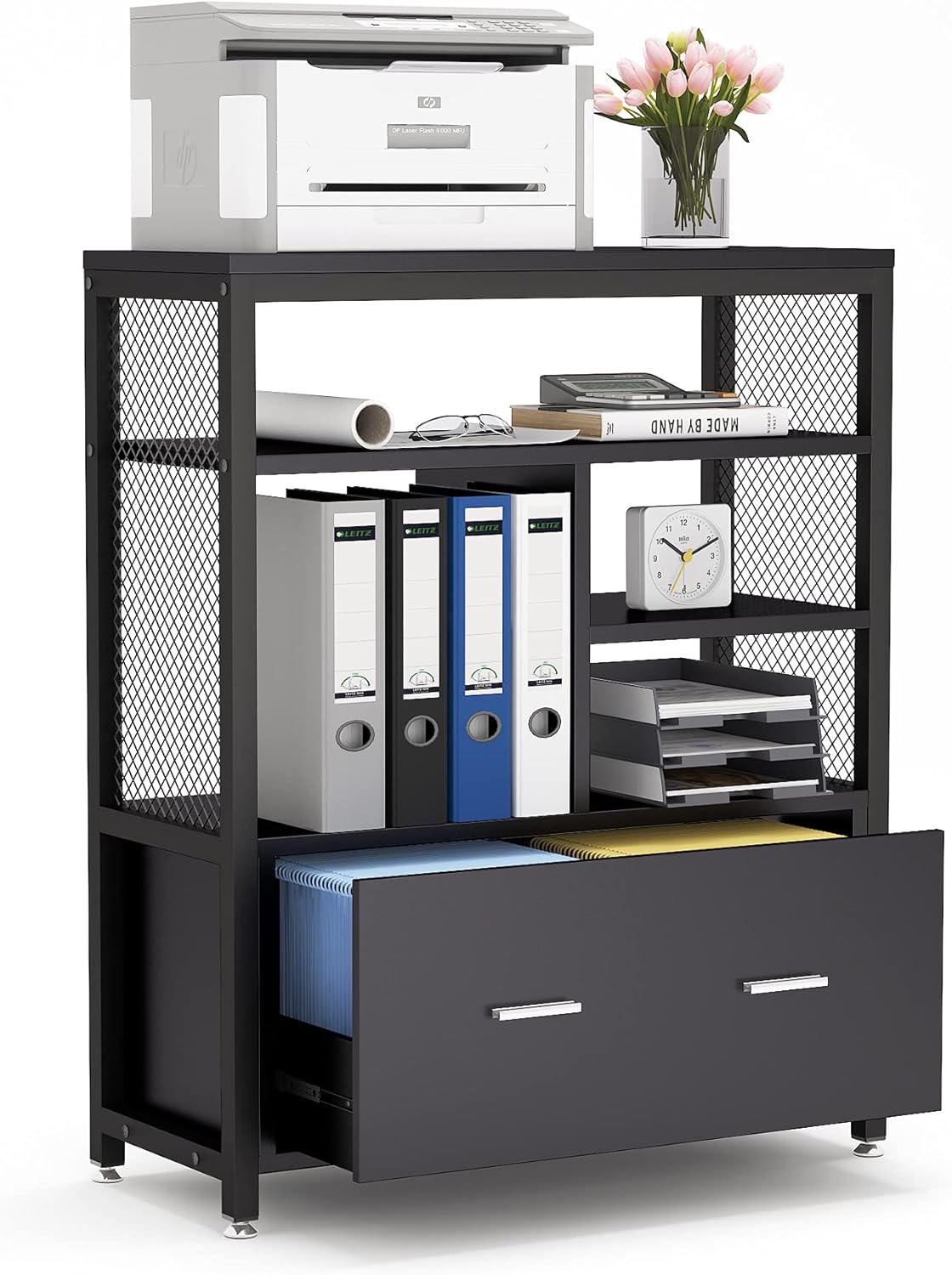 Black Wood Lateral File Cabinet with Drawer and Metal Wire Open Storage Shelves R31023