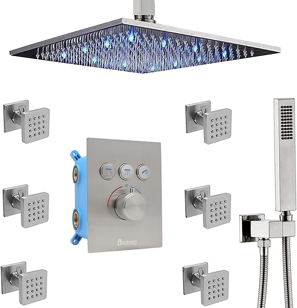 Matte Black 12 Inch Wall Mount LED Rainfall Shower System with 6pcs Body Jets and Shower Handheld D75372